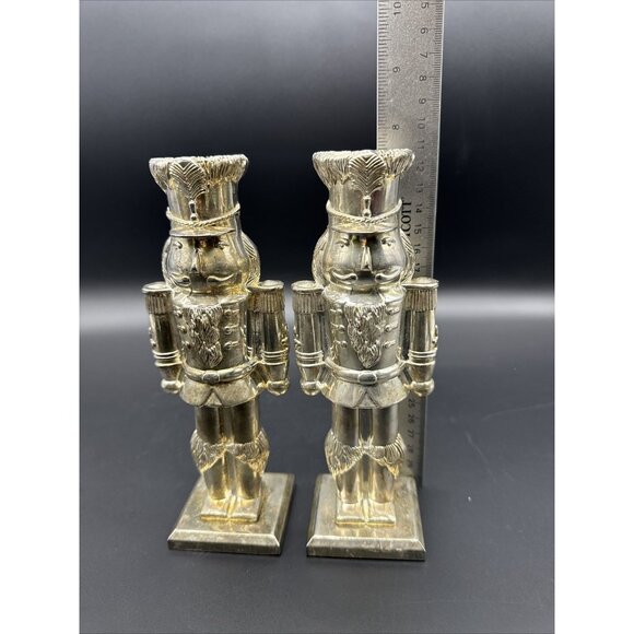 Silver Plate Nutcracker Soldier Candle Holder Set Mantle Holiday Christmas Decor - Picture 2 of 16